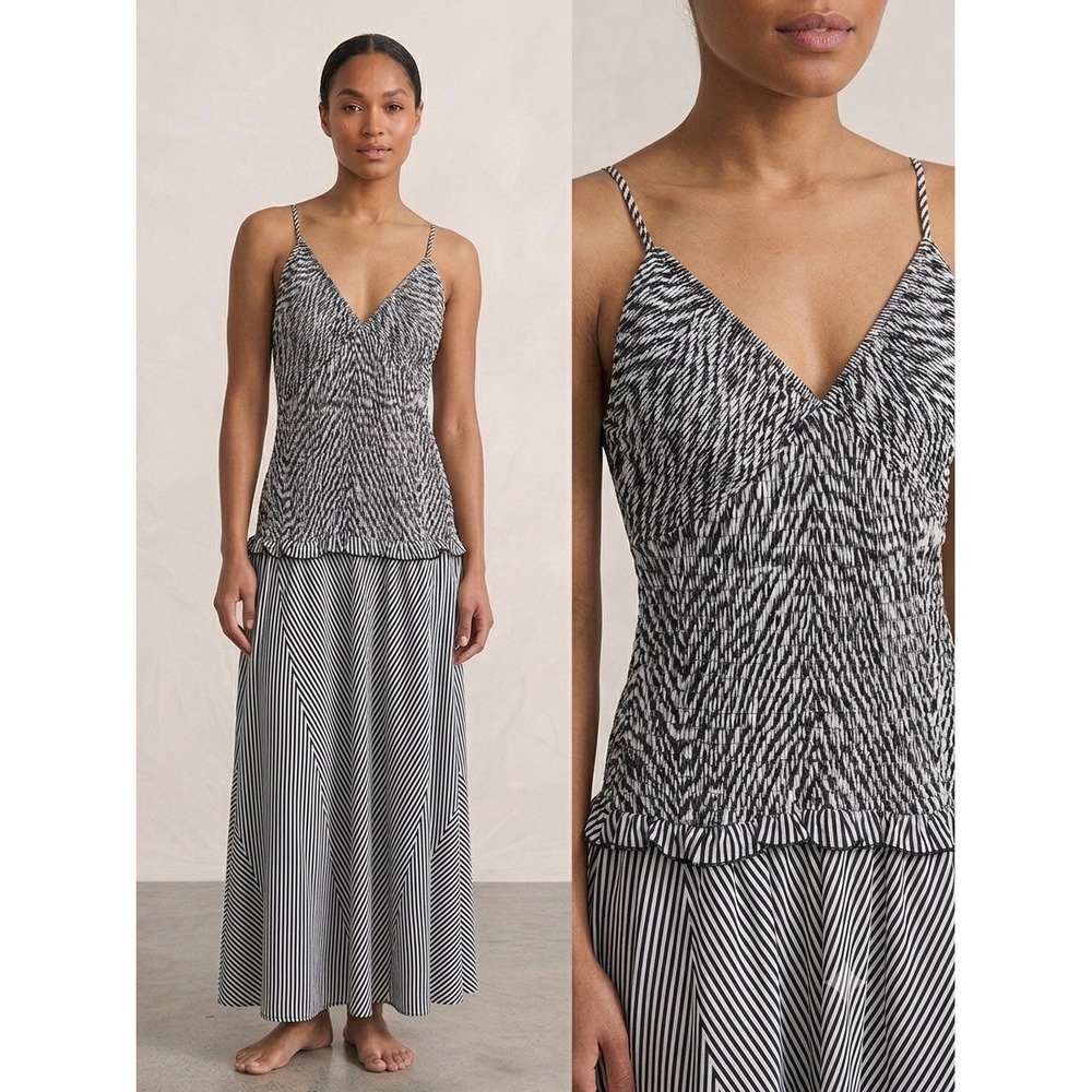 Commense Womens Striped Smocked Maxi Dress Black White V-Neck Ruffle Small NEW